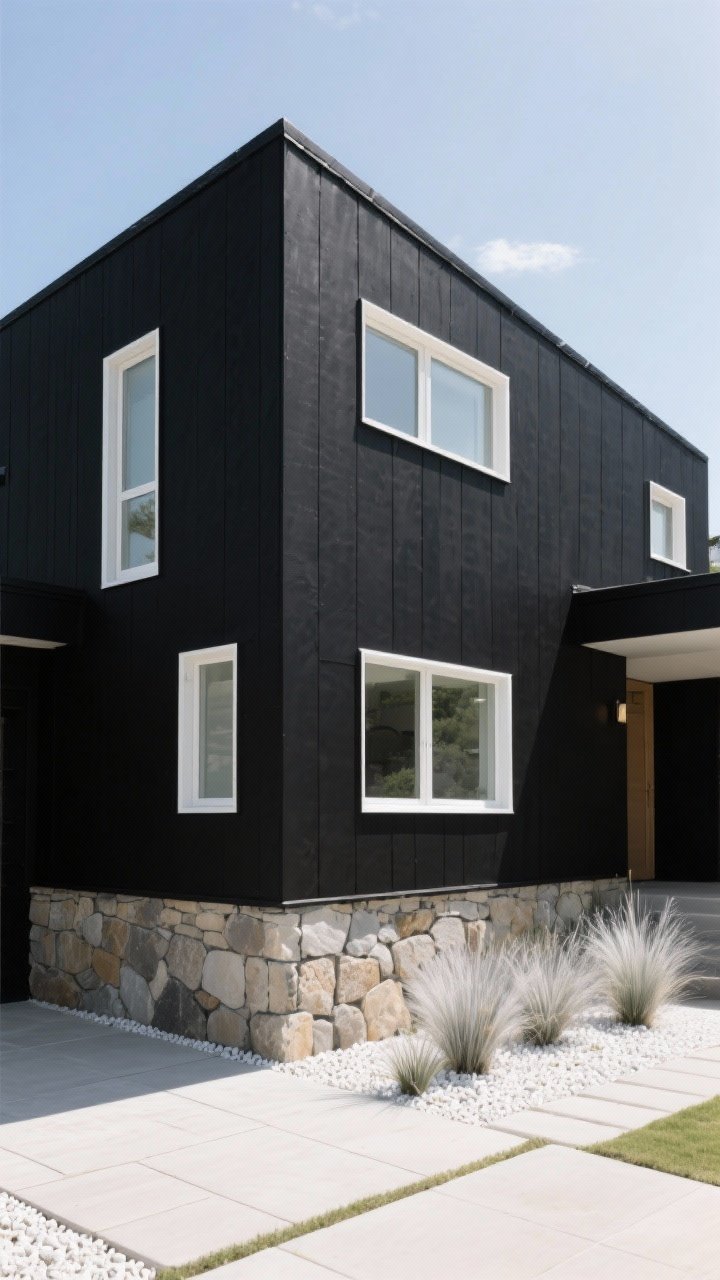 All-Black Exterior + Natural Stone + Warm White Windows — Wide corner shot of a contemporary, simple-form home in bright, clear daylight: all-black exterior cladding with UV-stable matte paint, warm white window frames that subtly pop, natural stone base or accent wall to break up massing; balanced with light landscaping—silver grasses, pale pavers, and white gravel; dramatic yet refined mood with crisp edges.