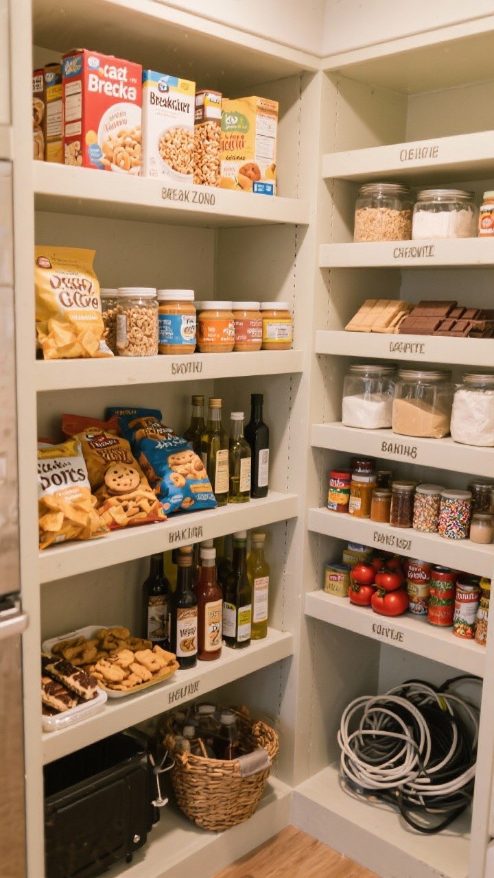 An overhead, detail-focused shot of labeled pantry shelves divided into clear zones: a breakfast zone with cereal boxes, oatmeal jars, granola, and nut butters; a snack zone at eye level with chips, cookies, and bars; a baking zone with flours, sugars, chocolate, baking powder, and sprinkles; savory essentials like oils, vinegars, spices, broths, and canned tomatoes; and an appliance parking area with cords corralled in a basket; use simple shelf dividers keeping each category in its lane; neutral shelf tones and warm light.
