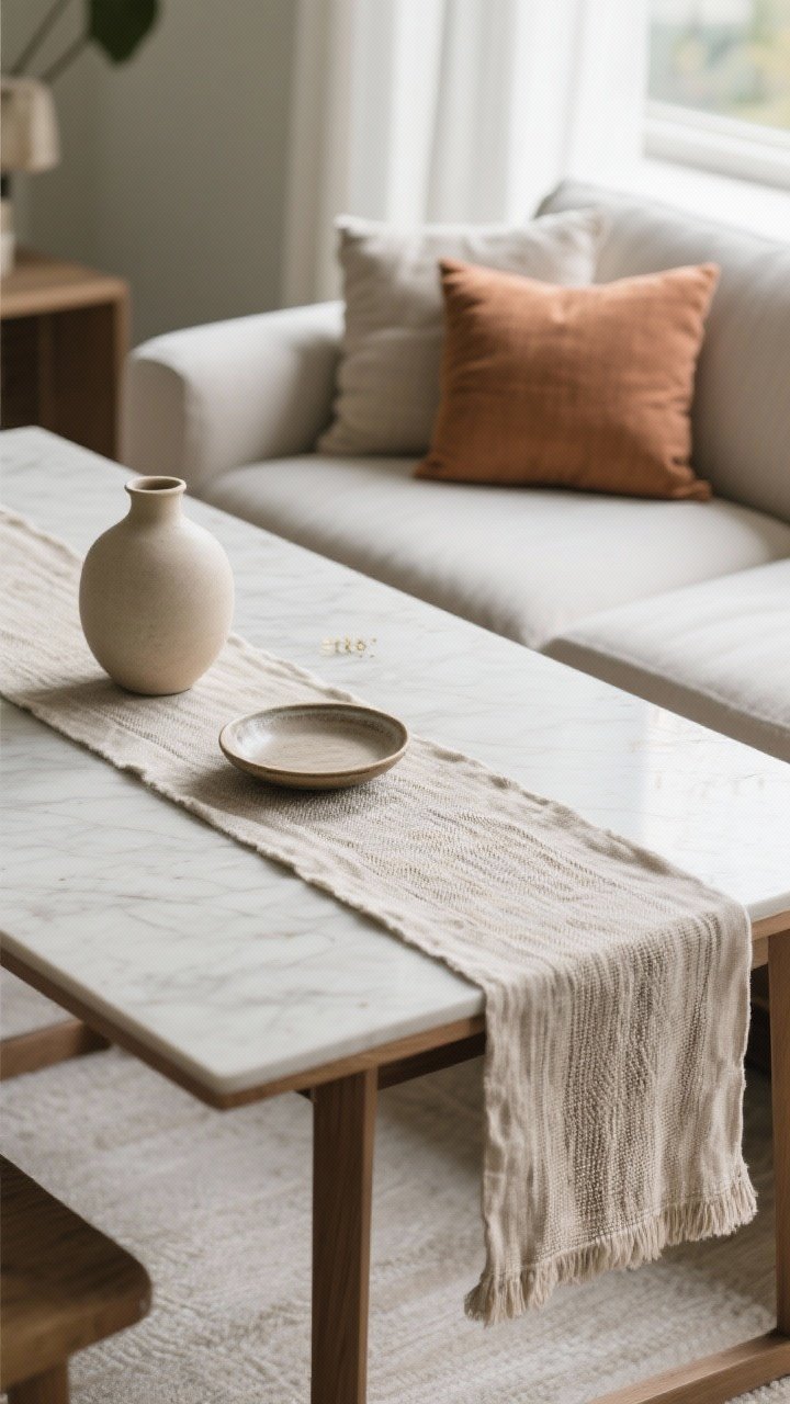 An overhead detail shot of a textile grounding layer: a narrow linen runner on a rectangular table acting as a “stage” for a small vignette. On the runner, place a vase and a small dish; echo the sofa pillow colors in the fabric tones. The textile’s weave is clearly visible and prevents scratches; bright natural light.