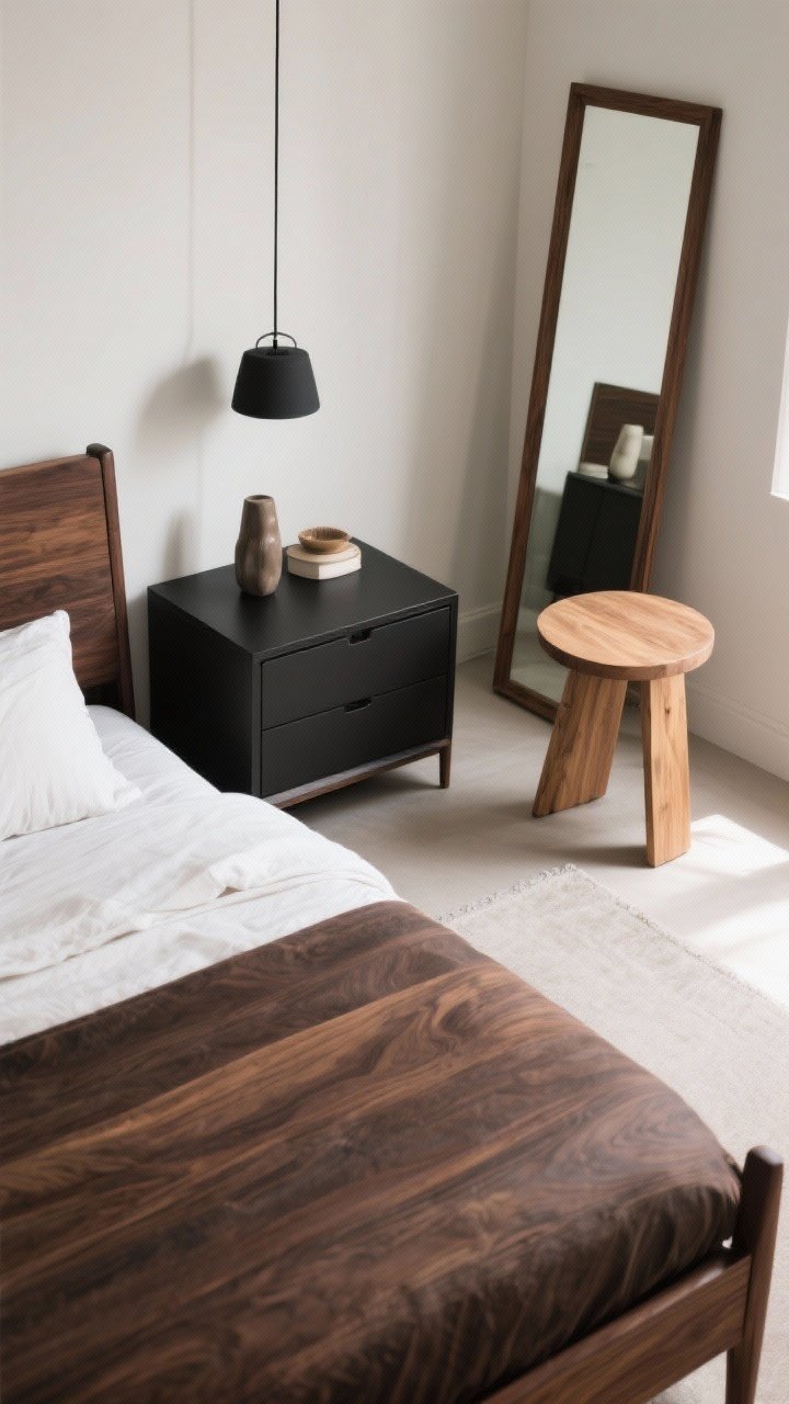 An overhead detail shot of mixed wood tones: a dominant dark walnut bed frame, complementary ebony-toned nightstand, and a lighter oak stool or mirror frame nearby; undertones kept warm for cohesion; a few decor items to show interplay without clutter; neutral backdrop and even daylight; photorealistic.