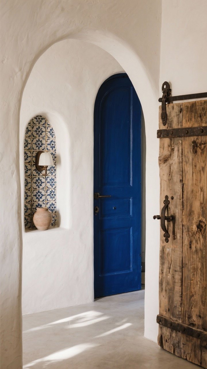 Architectural detail shot: An arched doorway with smooth plaster edges, a deep indigo painted interior door as a bold accent, and a wall niche lined with patterned tile housing a small sconce and pottery. A salvaged wood sliding door with iron hardware sits on an adjacent wall. Gentle ambient light to emphasize curves and texture.