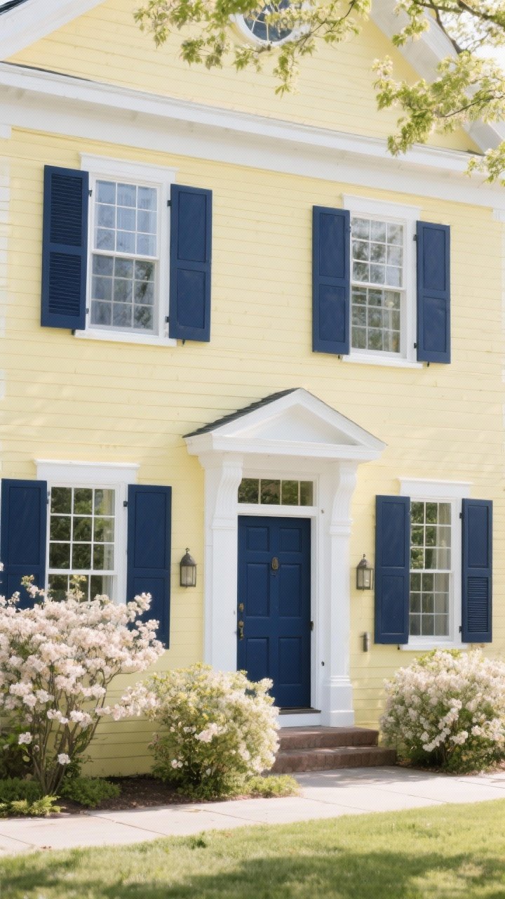 Buttercream Yellow + White Trim + Navy Shutters — Straight-on medium shot of a traditional façade in spring light: pale, creamy buttercream yellow siding, bright white trim highlighting window grids and cornice, deep navy shutters and matching navy front door; flowering shrubs for seasonal cheer; maintain soft, refined color with preppy, timeless balance; clean, photorealistic paint sheen.