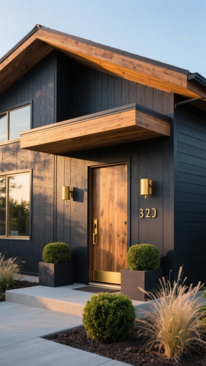 Charcoal Siding + Warm Wood + Brushed Brass — Wide shot from a corner angle of a modern house exterior at golden-hour edge light: dark charcoal siding (neutral-to-blue undertone), soffit and porch ceiling in warm natural wood, minimalist planters flanking a wood door, brushed brass door hardware, brass house numbers, and brass sconces; clean landscaping with sculptural boxwoods and ornamental grasses against the dark façade; moody yet welcoming vibe, photorealistic textures.