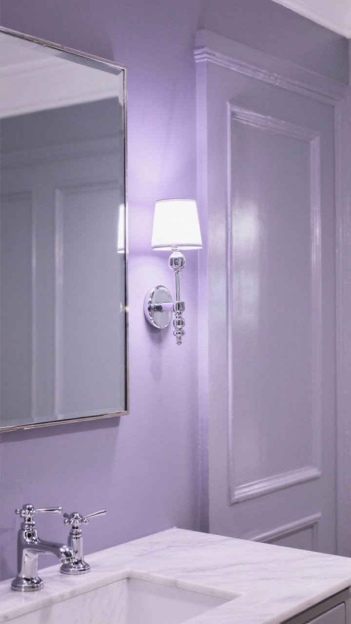 Closeup: A luxe vignette featuring a muted lavender-gray wall (gray-leaning purple) with polished nickel or chrome fixtures and a frameless mirror. Light reflects softly, producing a refined glow. No bright purple tones—just a sophisticated, neutral-leaning hue with elegant sparkle.