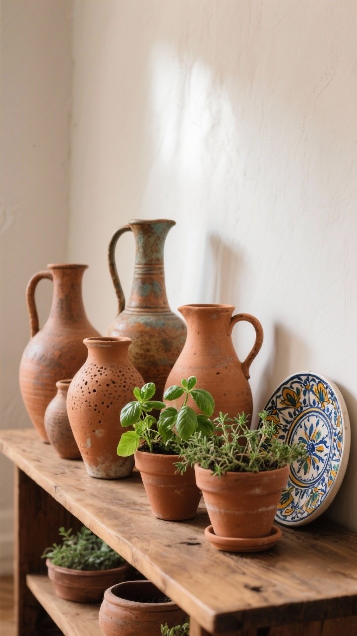 Closeup: A terra-cotta vignette on a wood console—cluster of clay pots, vases, and pitchers in varying heights, patinas, and wear; unsealed clay herb planters with fresh basil and oregano; a small arrangement of Talavera plates leaning against the wall. Gentle side light emphasizes earthy texture and porous surfaces.