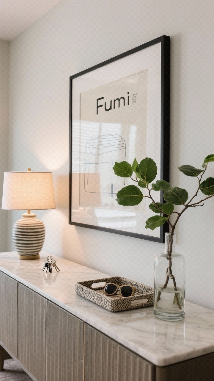 Closeup console vignette: styled top with the formula Art + lamp + tray + greenery; one large framed artwork centered above, a ceramic table lamp adding height, a textured catchall tray corralling keys and sunglasses, and a fresh leafy branch in a glass vase; restrained palette, high-end feel; soft lamp glow as primary light; tight, detail-focused shot.