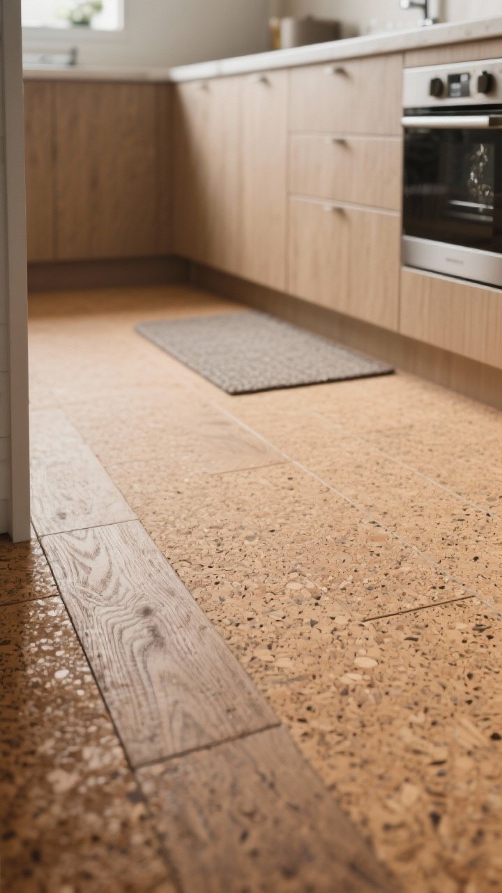 Closeup detail of cork kitchen flooring: medium-toned planks with modern grainy texture and a durable pre-finished topcoat; soft, warm lighting emphasizing its cushioned, quiet, antimicrobial character; include a mat near the sink edge to suggest splash-prone areas; macro focus on the natural speckling and shock-absorbing surface while the background cabinetry softly blurs.