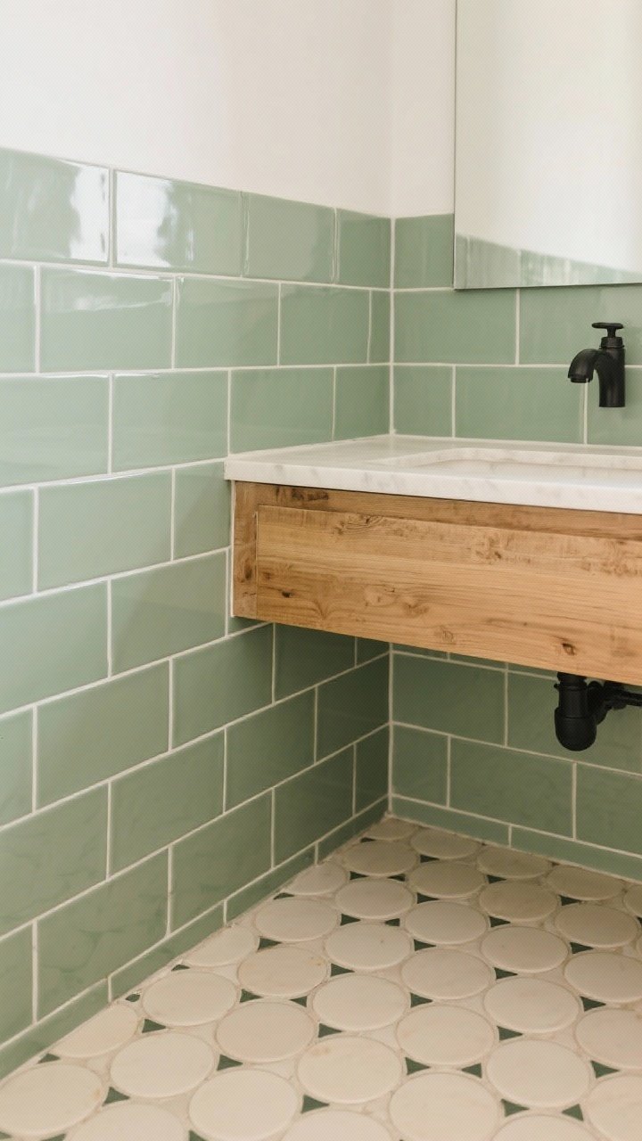 Closeup detail of corner: satin-finish sage green subway tiles on the wall with tight grout joints; floor in cream penny rounds with slightly darker grout for grip; edge of a natural wood vanity and matte black faucet entering the frame; soft, calming light, cozy and inviting palette