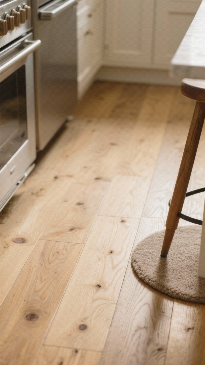 Closeup detail of engineered hardwood kitchen flooring: white oak planks with a matte oil finish, visible natural grain and subtle knots; low-angle raking light to emphasize authentic wood texture and stable construction; include the leg of a kitchen stool with a felt pad to show care tips; warm, cozy color temperature to enhance the buttery tone of the wood; shallow depth of field focusing on the plank seams and finish.