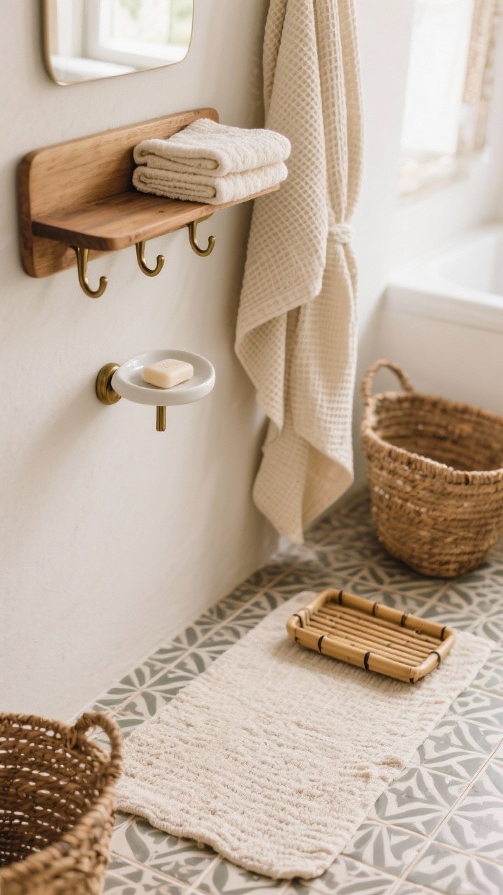 Closeup detail shot inside a boho bathroom vignette: a neutral-toned cotton bath mat on patterned tile, a smooth white glazed ceramic soap dish with brass hooks above, a teak bath board with folded cream Turkish towels and a soft waffle-texture robe draped nearby, rattan baskets and a bamboo tray adding raw texture; cohesive soft palette in oat, cream, and warm wood, soft natural window light emphasizing mixed textures, shallow depth of field.