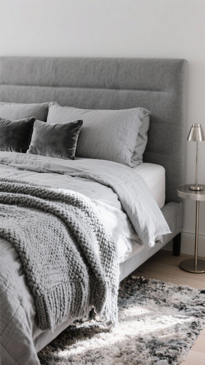 Closeup detail shot of layered gray textiles on a bed: an upholstered gray headboard, linen duvet in soft gray, a chunky knit throw draped casually, slub cotton quilt folded, and a pair of small velvet pillows adding sheen; include the corner of a wool rug at the bedside and a small metallic table lamp base catching light; soft, diffused natural daylight to highlight texture contrast; intimate, angled perspective from bedside.