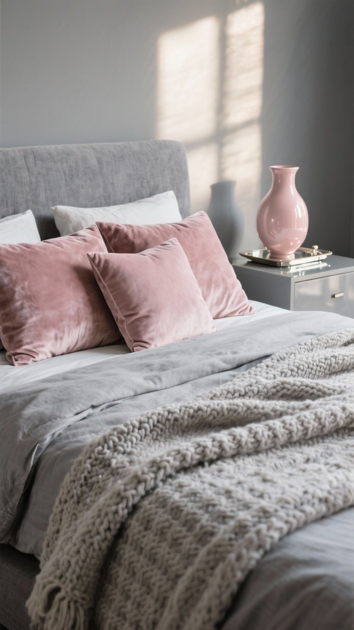 Closeup detail shot of layered textures on a bed: blush velvet throw pillows against a grey linen duvet, a chunky knit throw in soft grey draped casually, with matte grey wall behind and a glossy blush ceramic vase on a mirrored tray on the nightstand; warm morning natural light raking across fabrics to highlight texture contrast; photorealistic, no people, focus on three-plus textures (velvet, linen, knit, matte vs shiny)