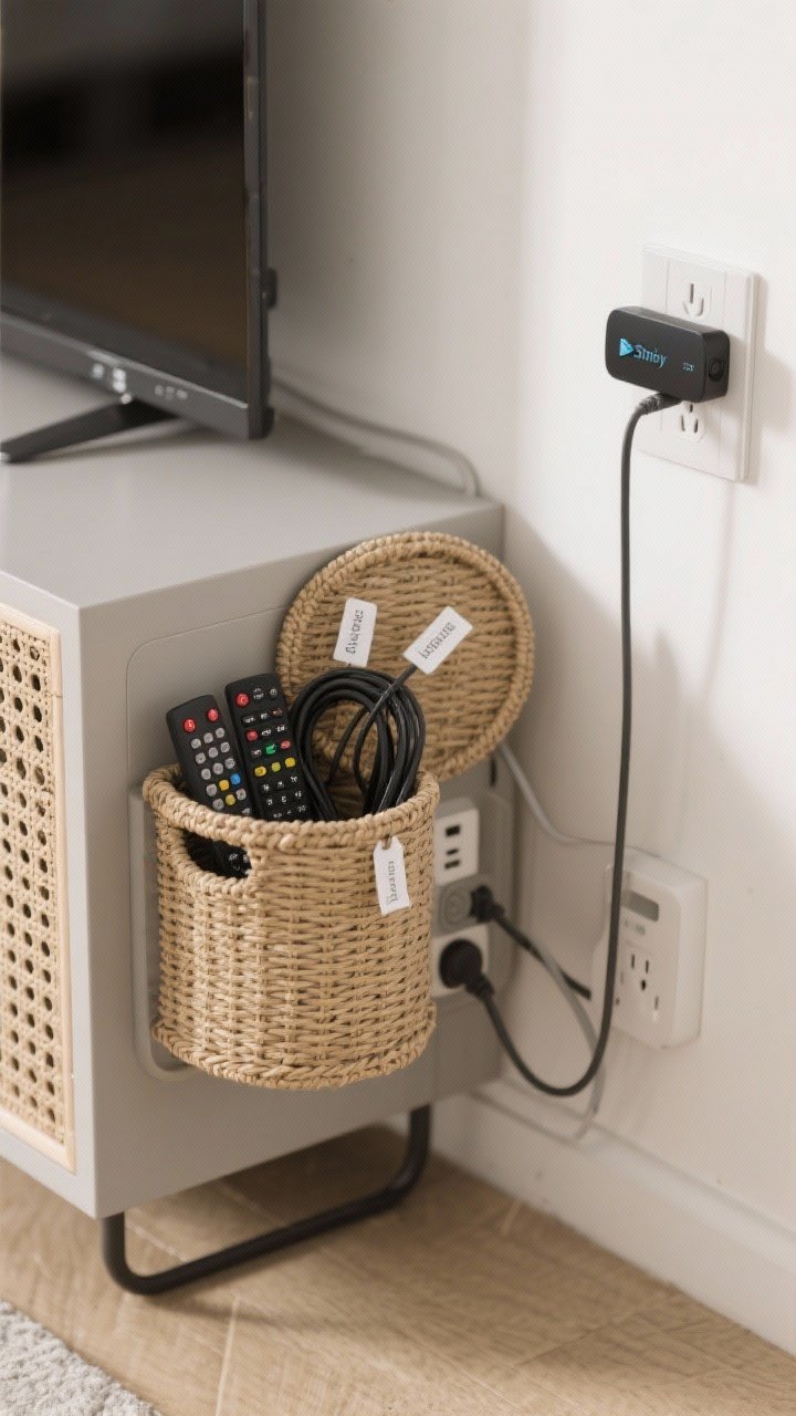 Closeup detail: Smart storage solutions for tech—basket with lid holding remotes, neatly labeled cords with small tags, a surge protector with a flat plug mounted to the back of a console, and a streaming device attached to the wall/console using 3M strips; tidy cable management; neutral textures like woven baskets and matte plastics.