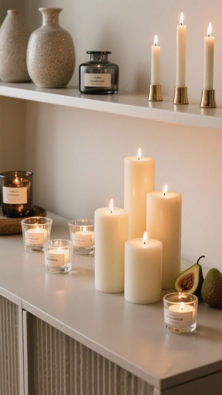 Closeup of a candlelight ritual on a sideboard: a cluster of 2–3 ivory pillar candles at varying heights, several tea lights in clear glass votives, and elegant flameless tapers on a higher shelf for safety; vessels mix ceramic and smoked glass; scent cues suggested by labels—cedar, cardamom, amber, fig; low, warm ambient light enhances glow.
