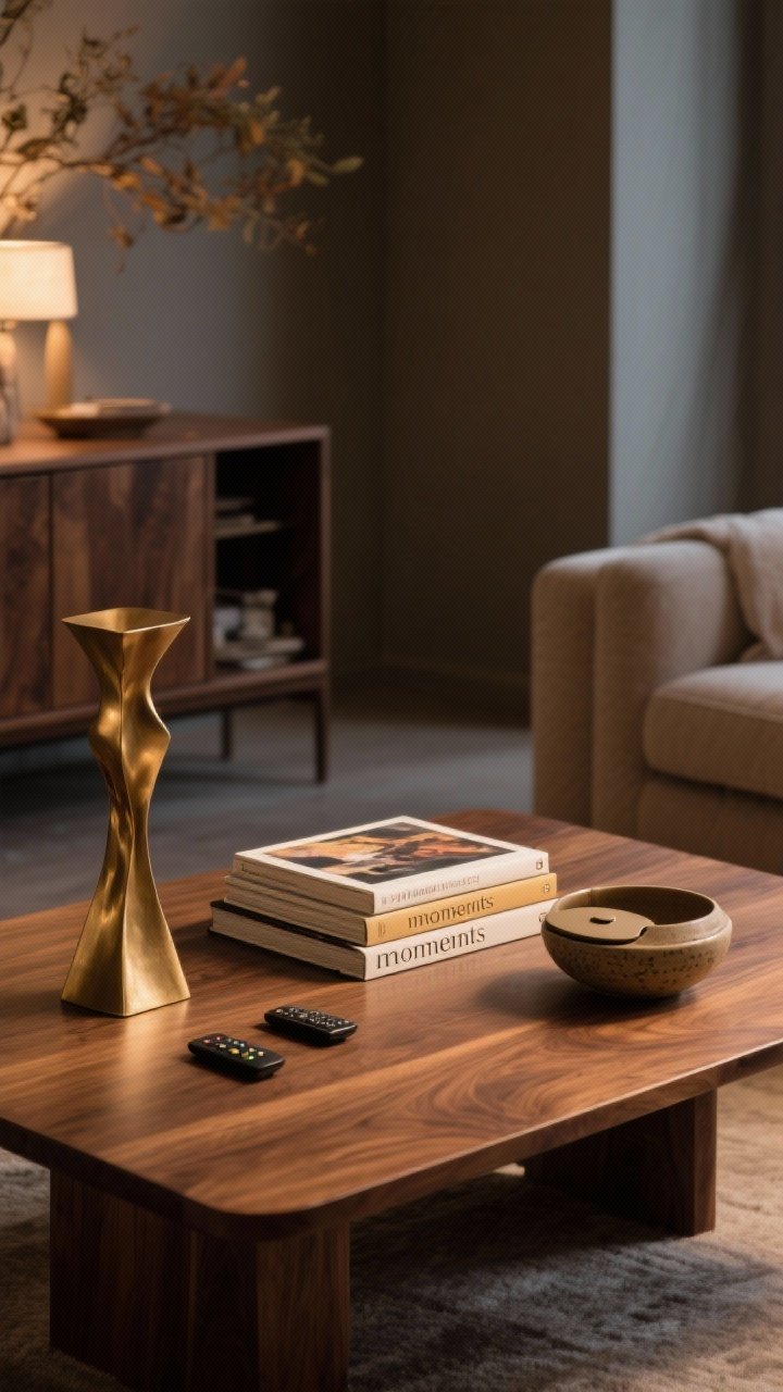 Closeup of a styled surface: A walnut coffee table edited with three “moments”—a tall sculptural brass object, a horizontal stack of art books, and a small ceramic bowl with a lid for remotes. In the background, a closed-storage side cabinet hints at hidden clutter. The composition feels intentional and uncluttered, with seasonal accents pared back. Warm, cozy evening lighting.