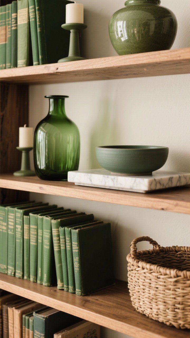 Closeup shelf styling detail: grouped accessories in threes on a wood bookcase—green glass vase, matte ceramic bowl, and a marble tray; vintage books with green spines; woven basket on a lower shelf. Repeat green three times within the sightline. Mixed finishes (matte candleholder, glossy pottery) under soft ambient light for a collected-over-time look.