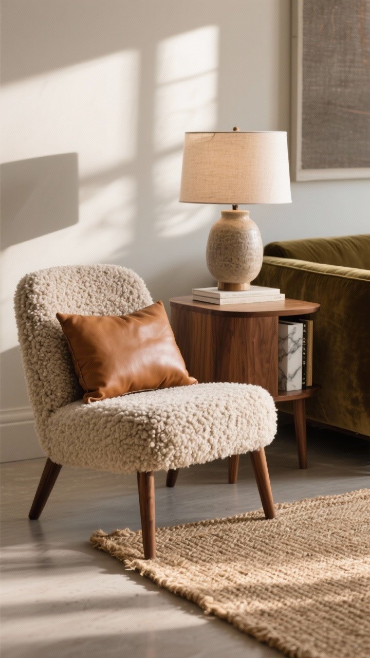Closeup texture detail: A tactile vignette featuring a nubby bouclé accent chair next to a walnut side table topped with a ceramic lamp. A small leather pillow adds smooth, warm texture. Nearby, a jute rug edge meets a velvet sofa corner, with a marble bookend peeking in. Soft, directional light rakes across surfaces to emphasize varied textures.