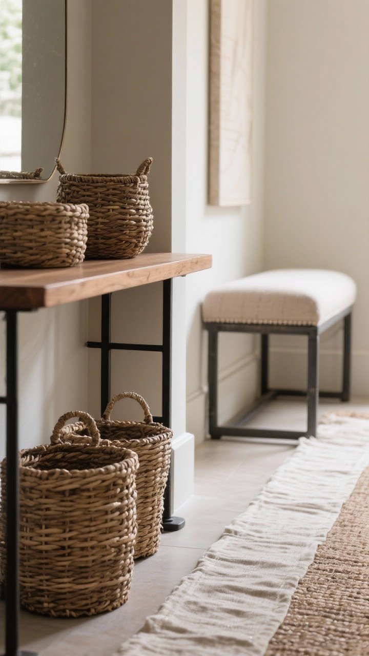 Closeup texture study: a small section of hallway styled with layered materials—woven baskets, a linen runner underfoot, a warm wood console edge, and matte black metal accents; tight color palette in creams, tans, and soft charcoal; include a small upholstered bench cushion adding softness; natural light grazing textures; tight detail shot.
