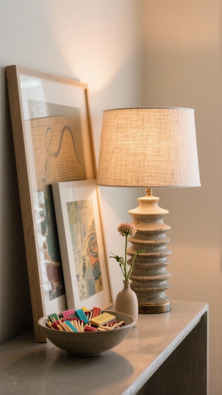 Closeup vignette: A styled console moment. Vintage lamp with a linen drum shade, stacked art leaning against the wall (one piece partially overlapping), a shallow bowl filled with colorful matchbooks, and a single stem in a tiny bud vase. Asymmetry and casual layering, warm 3000K light from the lamp creating a cozy halo.
