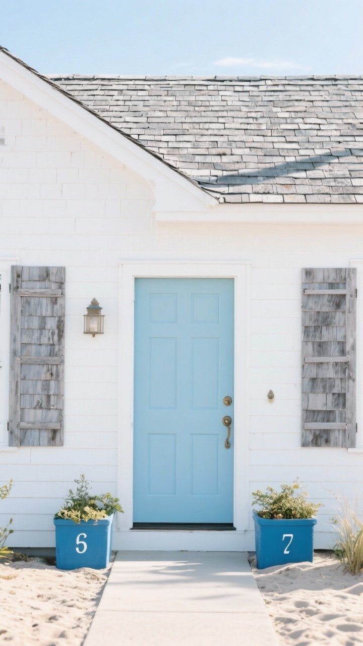 Coastal White + Sky Blue Door + Weathered Gray Shingles — Medium, straight-on beach-cottage façade in bright, airy daylight: slightly warm white clapboard exterior, roof and side accents in weathered gray shingles, a soft sky-blue front door with polished hardware, matching blue planters and house numbers; sandy-toned path, breezy coastal mood with light reflections and gentle shadowing; crisp, fresh textures without harshness.