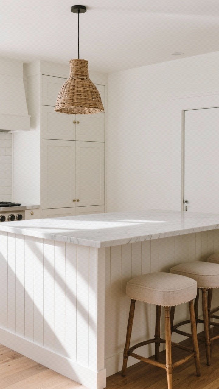 Corner angle detail of a kitchen island clad in white oak beadboard paneling, paired with smooth slab-front perimeter doors to balance modern and character, linen-upholstered stools and a wicker pendant overhead for layered texture, soft daylight and subtle shadowing accenting the grooves
