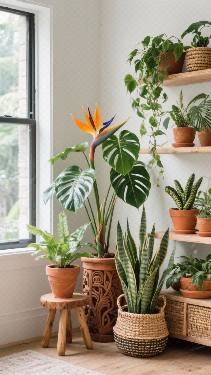 Corner angle medium shot: Jungle-chic plant cluster—bird of paradise as a statement plant, with monstera adansonii trailing from a shelf, snake plant and ZZ plant adding structure; terracotta pots, carved wooden planters, and woven basket covers as vessels; varied heights on stools, baskets, and shelves for layered growth; bright, natural window light, photorealistic.
