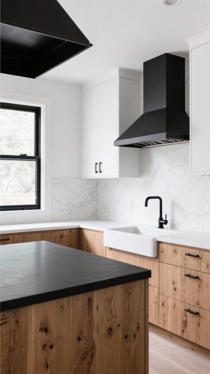 Corner angle shot highlighting contrast: white oak lower cabinets, a matte black island, white counters, matte black faucet and matching cabinet pulls, black-framed window and a black steel range hood, balanced daylight creating crisp contrast that makes the oak glow while feeling modern