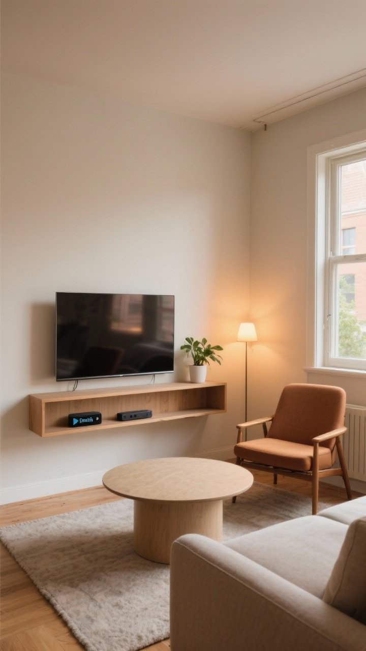 Corner-angle wide shot: A small living room with the TV tucked into a corner and seating angled toward it; a round coffee table softens the geometry and improves flow; an accent chair angled to facilitate conversation and viewing; a small corner shelf beneath the TV holding a streaming device and a plant; warm, cozy lighting.