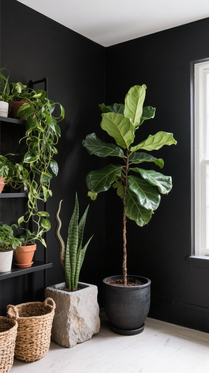 Corner medium shot highlighting plants as color pops: matte black wall behind a tall fiddle leaf fig and a rubber plant for height, trailing pothos and philodendron spilling off black shelves, a snake plant in a matte black planter beside a stone-textured planter; planters include cement, terracotta, and woven baskets; soft daylight from side window accentuates green against black for lively contrast.