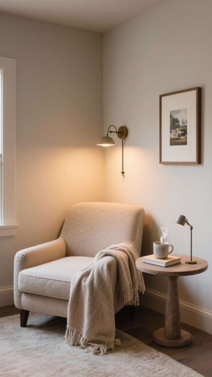 Corner medium shot of a cozy nook: a comfy upholstered chair with a soft throw draped over the arm, a small round side table holding a steaming mug and a book, and a task lamp or wall sconce at shoulder height for focused light; add one framed photo or small art print on the wall; intimate, calming mood with warm lamp glow.