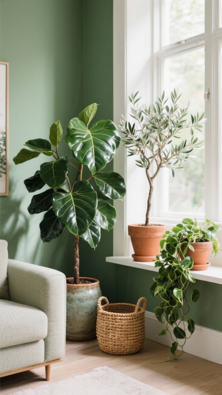 Corner medium shot of a plant grouping in a green-accented living room: a tall fiddle-leaf fig near a bright window, a rubber plant with glossy deep green leaves, and trailing pothos on a shelf. Pots mix ceramic, terracotta, and woven baskets. Grouped in odd numbers with varied heights; include an airy faux olive tree in the background. Soft natural light enhances leaf texture and shadow play.