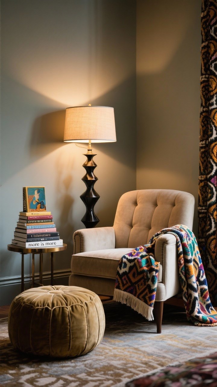 Cozy corner closeup/medium hybrid of a “more is more” reading nook: an oversized upholstered chair with arms and an ottoman or pouf, a tiny side table holding a small book tower of art and coffee-table books, a layered patterned throw, and a bold sculptural floor lamp. Pattern appears on the chair or blanket for a punch. Create jewel-box intimacy with focused warm light from the floor lamp; corner perspective with tight framing.