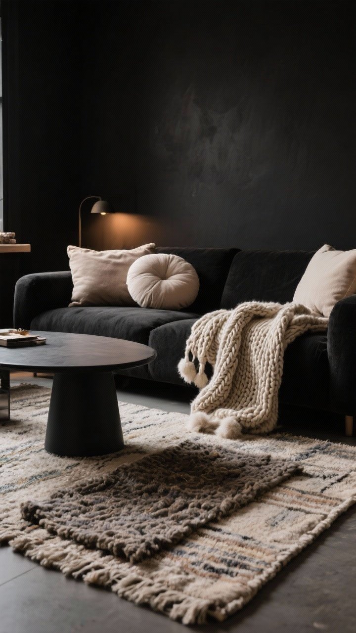 Cozy medium shot emphasizing layered comfort: one large rug with a smaller layered rug on top, chunky knit and faux fur throws casually draped, and a mix of pillows (lumbar, square, round) in soft neutral tones against a dark sofa; rounded edges on a coffee table, moody black walls; warm ambient lighting for hygge vibes; seasonal flexibility implied, no people.