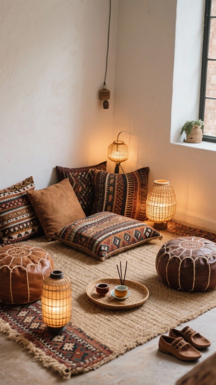 Cozy nook medium shot: Floor-seating sanctuary—jute rug layered with a patterned kilim, oversized mudcloth and Ankara floor pillows, leather poufs, a low woven mat and tray with tea and incense; soft glow from lanterns and a low rattan lamp creating intimate, relaxed lighting; shoes set aside at the edge; corner perspective, photorealistic.