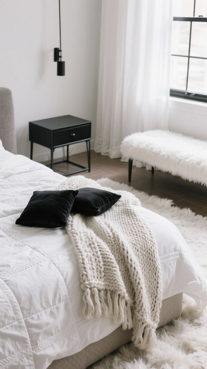 Detail closeup: A layered bedscape showing textures—white linen sheets, a quilted white coverlet, a chunky knit throw draped at the foot, and a pair of small black velvet cushions. In the background, a matte black metal nightstand meets a plush white upholstered bench and a fluffy white rug edge. Soft window light passes through sheer white curtains on a black rod, revealing the rich mix of nubby, smooth, and cozy surfaces.