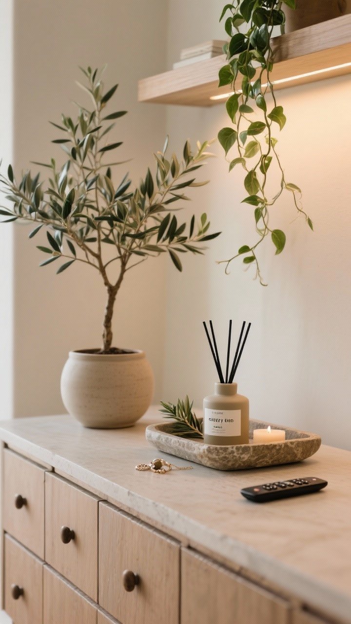 Detail closeup: Finishing touches on a dresser or bench—an olive tree in a simple ceramic pot providing height and softness, a trailing pothos draping from a shelf edge in the background. A stone or wood tray corrals a diffuser and candle labeled eucalyptus and cedar, alongside small essentials (remote, jewelry) to keep the look serene. Warm ambient light completes the calm, intentional vibe.