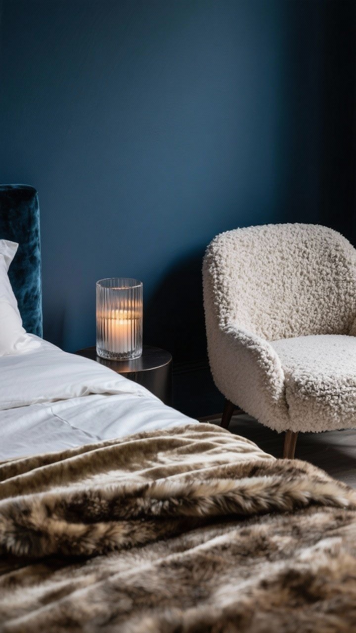 Detail closeup focusing on layered textures: a corner of the bed showcasing velvet, satin, and linen interplay; a faux fur throw draped over a structured duvet; a bouclé accent chair back visible against smooth, matte-painted midnight blue walls. A ribbed glass candleholder glows warmly, highlighting tactile richness without showing the whole room.