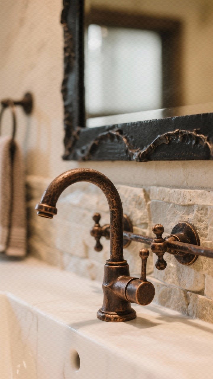 Detail closeup: Forged-look metal fixtures in a rustic bathroom—an oil-rubbed bronze faucet with matching towel bar and a blackened steel mirror frame in the background; shallow depth of field, warm light, tactile metal texture emphasized, clean stone backsplash.