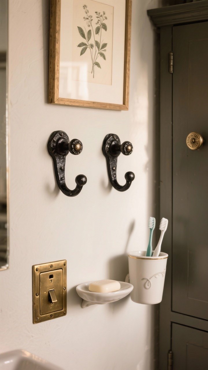 Detail closeup: Hardware and accents—chunky black iron hooks on the wall, artisan knobs on a cabinet, a vintage-look brass switch plate, and a porcelain soap dish beside a wall-mounted cup for toothbrushes; framed botanical sketch above, metals harmonized in tone, warm ambient light.