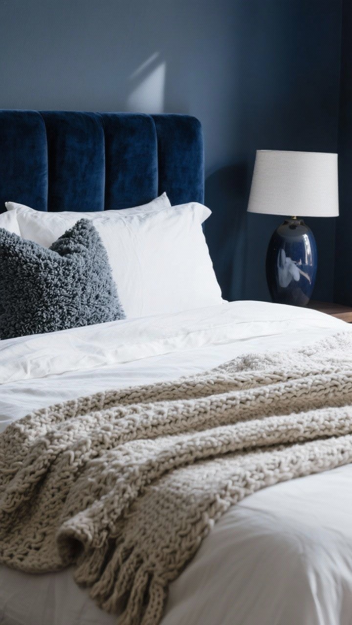 Detail closeup: Layered textiles on a bed featuring a navy velvet headboard, white linen sheets, a nubby linen duvet, a chunky knit throw draped at the foot, and a small bouclé pillow for contrast. Behind, a matte navy wall meets a glossy ceramic table lamp base to show subtle shine. Soft diffused daylight rakes across the fabrics to highlight texture.