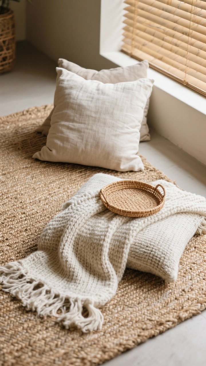 Detail closeup: Layered textures for coziness—an overhead view of a woven jute rug underfoot, a linen cushion, a cotton throw, and a plush knit blanket draped together; add a rattan tray and the corner of a bamboo blind in soft focus; tight, curated palette of two to three textures; soft side lighting to emphasize tactile weaves.