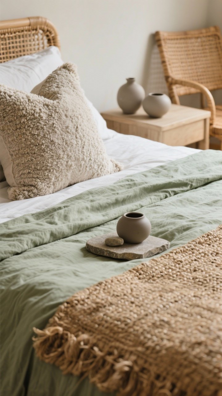 Detail closeup: Layered textures on a neatly made bed—bouclé throw pillow against a linen duvet in soft sage, with a woven jute rug visible at the bedside. On the nightstand, matte ceramic vessels and a small stone tray balance the softness. In the background, a hint of rattan/cane accent (like a chair back or basket) adds an organic touch. Warm, diffused lighting highlights the fabric weaves and matte finishes.