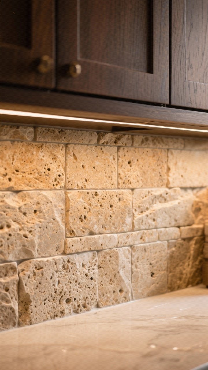 Detail closeup of a textured natural stone backsplash behind dark brown cabinetry—tumbled travertine tiles with warm undertones and minimal grout lines—lightly sealed for a soft sheen; camera captures the stone’s pores and edges, grout tone closely matched to tile, warm ambient light grazing the surface for depth