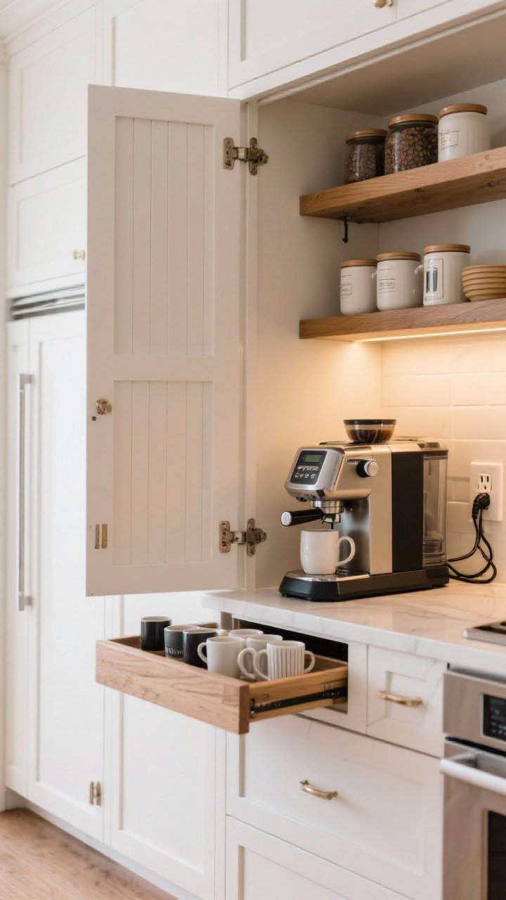 Detail closeup of a white oak appliance garage coffee bar: pocket/tambour doors partially open revealing built-in outlets, an espresso machine on a slide-out tray, organized mugs and canisters on an open shelf above, tidy cord management, warm under-cabinet lighting for a luxe, functional feel