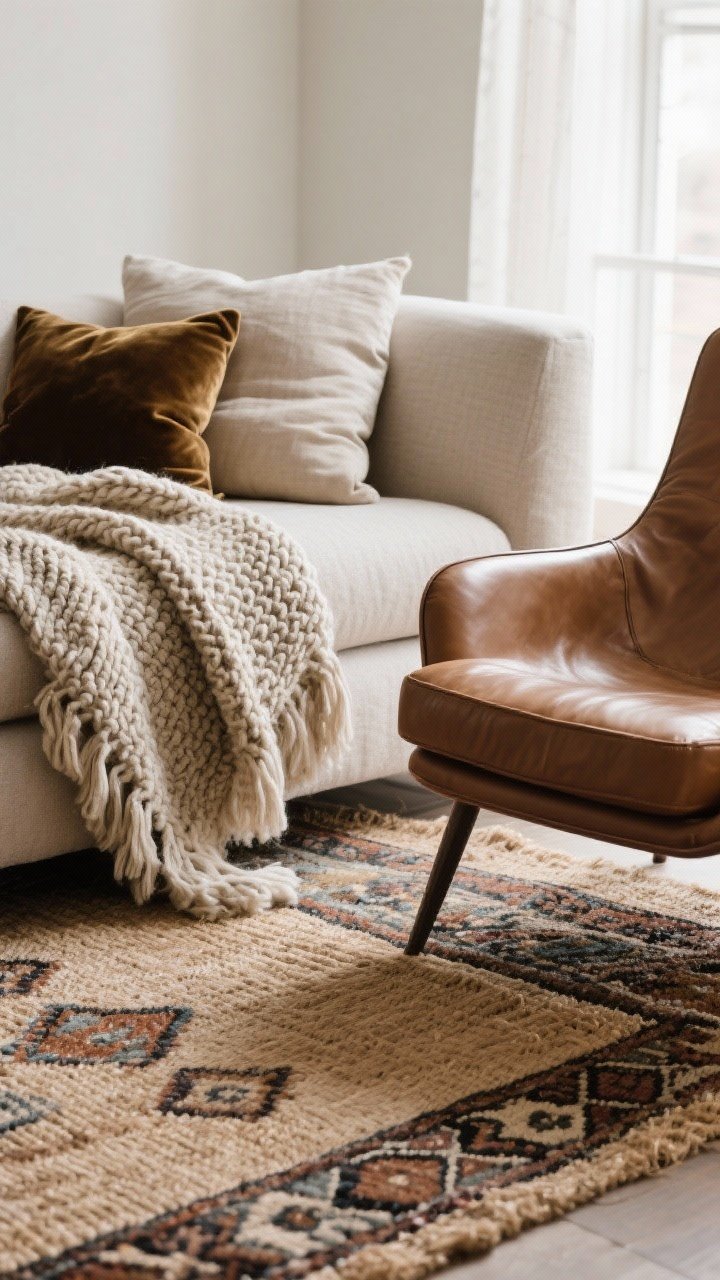 Detail closeup of layered textures: an overlapping jute rug base with a patterned wool kilim on top, a nubby knit throw draped over the edge, velvet and linen pillows stacked together, and the corner of a smooth leather chair paired with a chunky wool throw; soft, diffused window light emphasizing tactile surfaces, photorealistic.