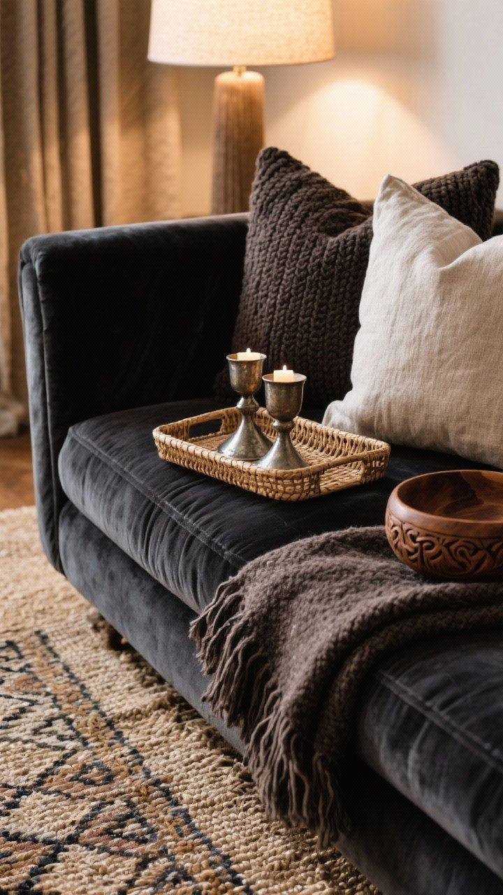 Detail closeup of layered textures on a sofa corner: a moody velvet sofa arm in charcoal beside chunky linen cushions, draped with a nubby knit throw and fringed cotton blanket in dark taupe. A rattan tray holds hammered metal candleholders on the seat, with a carved wood bowl nearby; in the background, a jute rug under a patterned kilim peeks into frame. Soft, warm lamp light emphasizes the varied textures.