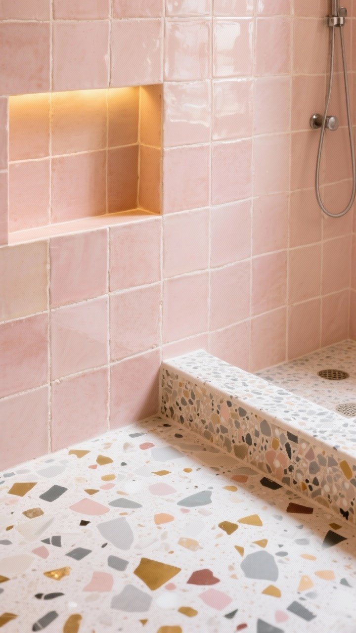 Detail closeup of materials: terrazzo floor with multicolored chips (soft brass, gray, blush, and ivory) meeting a wall of hand-glazed blush zellige tiles; warm ambient lighting accentuating the zellige’s subtle color variation and glossy texture; include a blush-tiled recessed niche and a terrazzo-topped shower curb edge in frame; capture artisanal imperfections and soft, sunny mood