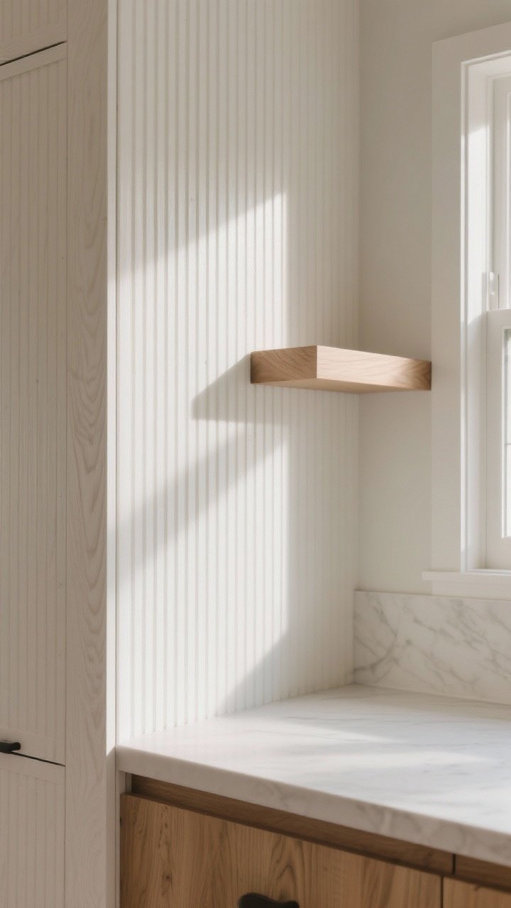 Detail closeup of vertical fluted white oak paneling on a kitchen island end panel, fine grain texture sharply rendered, subtle shadow play emphasizing reeded grooves, nearby floating shelf in matching fluted white oak, neutral backdrop, soft natural window light for tactile emphasis