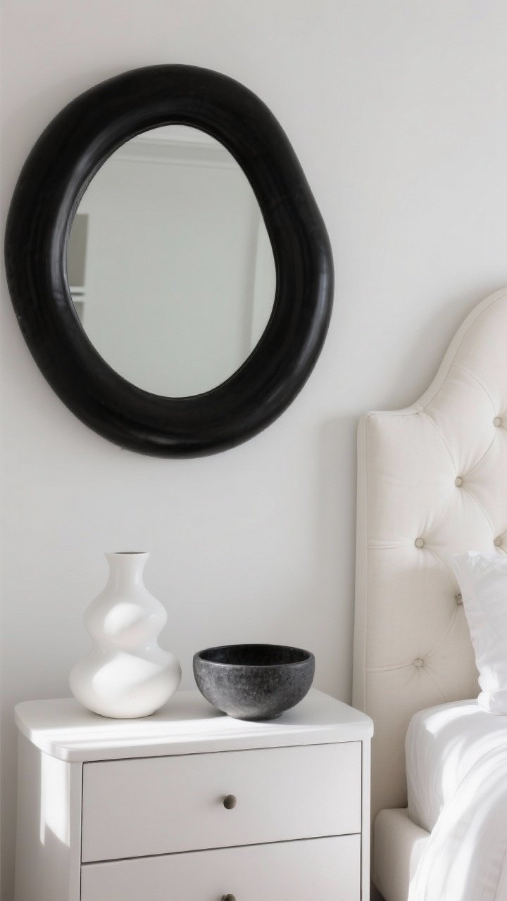 Detail closeup: Organic shapes soften contrast—a large round black-framed mirror over a white dresser reflects light, an arched tufted headboard in creamy white fabric curves gently behind, and two curvy ceramics (a white vase and a black stoneware bowl) sit on a nightstand. Soft daylight grazes the rounded edges, creating a warm, inviting monochrome scene.