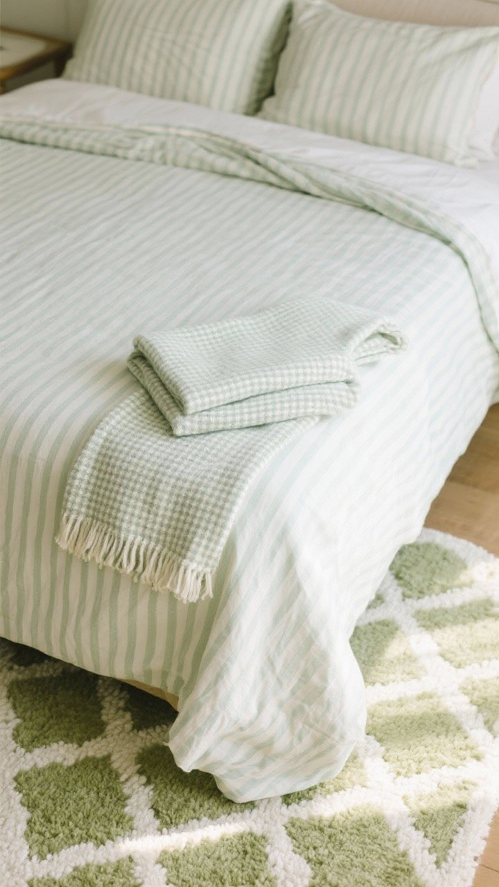 Detail closeup (overhead): Soft pattern story on the bed—pinstripe/ticking stripe sheets in sage and cream peeking under a solid blanket, a neatly folded micro-check throw at the foot for rhythm. At the edge of the frame, an ivory-and-soft-green geometric rug provides subtle movement underfoot. Gentle afternoon light reveals the low-contrast patterns without visual noise.
